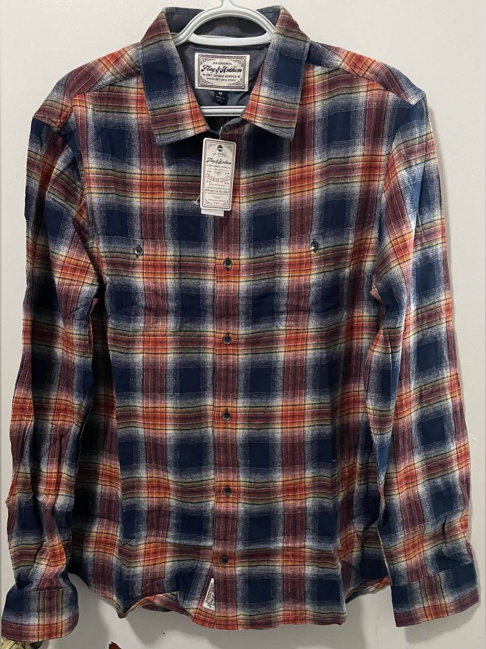 Flag & Anthem Men’s Navy Orange Yellow Long Sleeves Button Up Plaid Shirt Medium